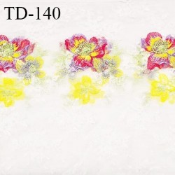 Tissu dentelle brodée 26 cm extensible haut de gamme couleur blanc avec borderies jaune fluo rose et violet prix pour 1 mètre