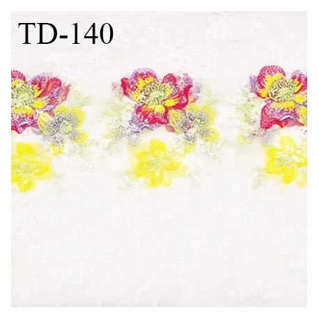 Tissu dentelle brodée 26 cm extensible haut de gamme couleur blanc avec borderies jaune fluo rose et violet prix pour 1 mètre