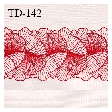 Dentelle 22 cm brodée sur tulle extensible couleur chair et broderie couleur rose rouge haut de gamme prix pour un mètre