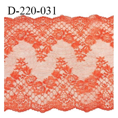 Dentelle 21 cm lycra brodée extensible haut de gamme largeur 21 cm couleur orange corail prix pour 1 mètre