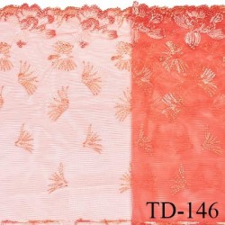 Dentelle 28 cm brodée sur tulle extensible couleur corail avec broderies haut de gamme largeur 28 cm prix pour un mètre