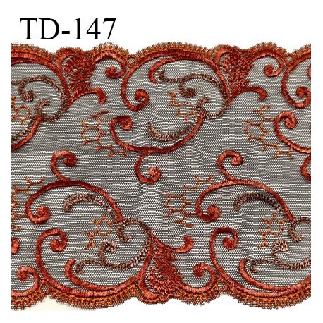 Dentelle broderie 14 cm haut de gamme extensible largeur 14 cm couleur marron et orange cuivré prix pour un mètre