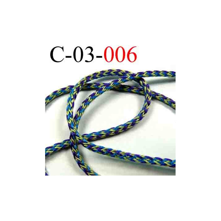 cordon en polyamide couleur multicolor bleu violet vert jaune lumineux diamètre 3 mm vendu au mètre
