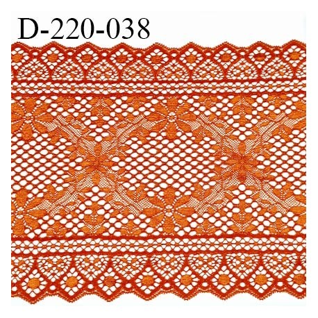 Dentelle 22 cm lycra brodée très haut de gamme largeur 22 centimètres couleur orange rouille très belle prix au mètre