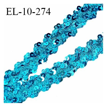 Elastique passementerie 10 mm couleur bleu turquoise à sequins largeur 10 mm allongement +40% prix au mètre