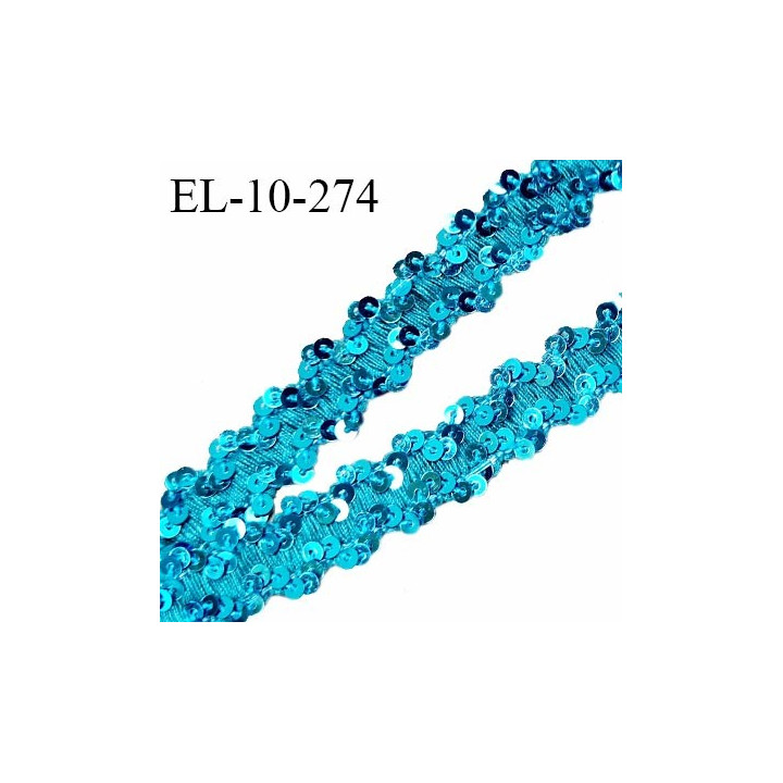 Elastique passementerie 10 mm couleur bleu turquoise à sequins largeur 10 mm allongement +40% prix au mètre