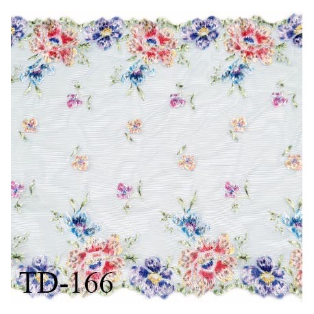 Dentelle broderie sur tulle 23 cm très haut de gamme largeur 23 cm couleur bleu et broderies multicolores prix pour un mètre