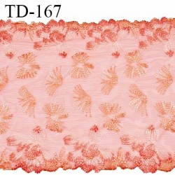 Dentelle 23 cm brodée sur tulle extensible couleur corail avec broderies haut de gamme largeur 23 cm prix pour un mètre