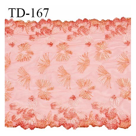 Dentelle 23 cm brodée sur tulle extensible couleur corail avec broderies haut de gamme largeur 23 cm prix pour un mètre