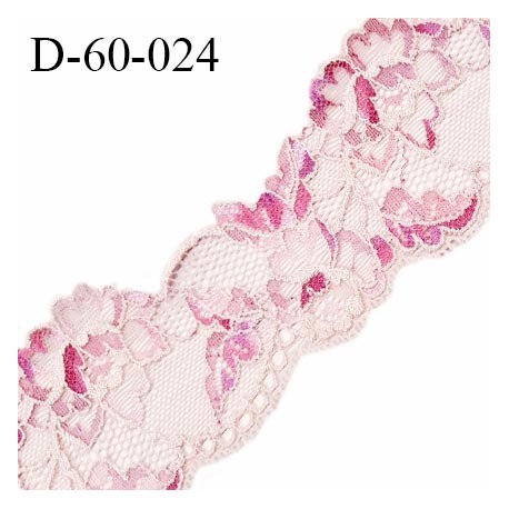 Dentelle 60 mm extensible couleur rose motif fleurs largeur 60 mm prix au mètre