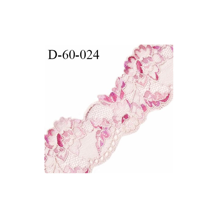 Dentelle 60 mm extensible couleur rose motif fleurs largeur 60 mm prix au mètre