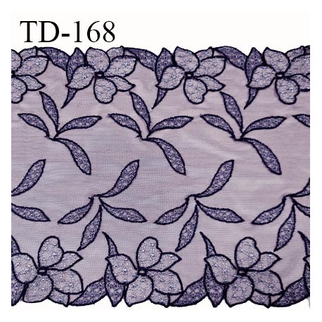 Dentelle 23 cm brodée sur tulle extensible couleur violet avec broderies haut de gamme largeur 23 cm prix pour un mètre