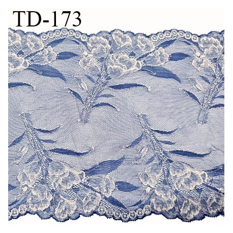 Dentelle 24 cm brodée sur tulle extensible couleur bleu et naturel haut de gamme douce agréable au toucher prix pour un mètre