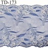 Dentelle 24 cm brodée sur tulle extensible couleur bleu et naturel haut de gamme douce agréable au toucher prix pour un mètre