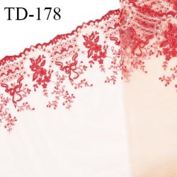 Dentelle brodée 22 cm haut de gamme broderies couleur rose sur tulle couleur chair rosé fabriqué en France prix pour un mètre