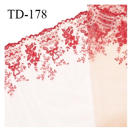 Dentelle brodée 22 cm haut de gamme broderies couleur rose sur tulle couleur chair rosé fabriqué en France prix pour un mètre