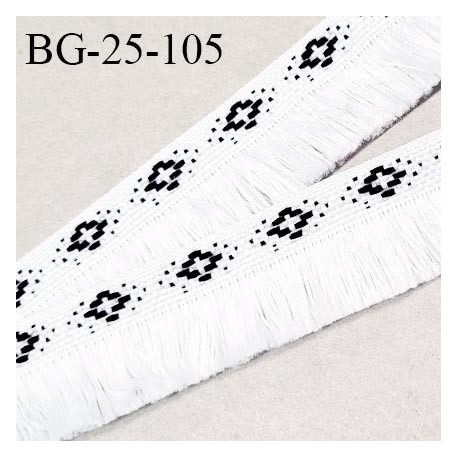 Galon franges 25 mm coton couleur blanc et motifs noirs largeur de bande 10 mm + 15 mm de franges prix au mètre