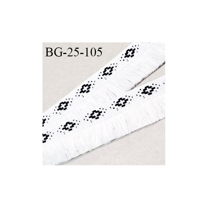 Galon franges 25 mm coton couleur blanc et motifs noirs largeur de bande 10 mm + 15 mm de franges prix au mètre