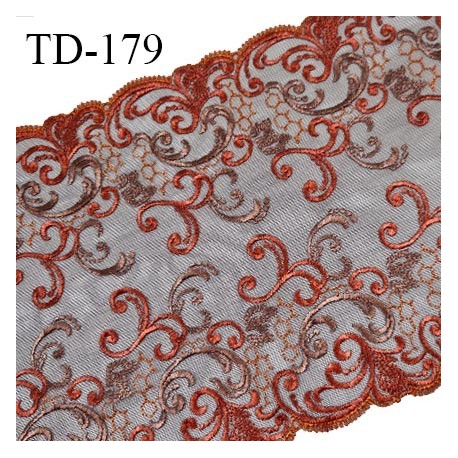 Dentelle brodée 22 cm haut de gamme broderies couleur orange sur tulle couleur marron prix pour un mètre