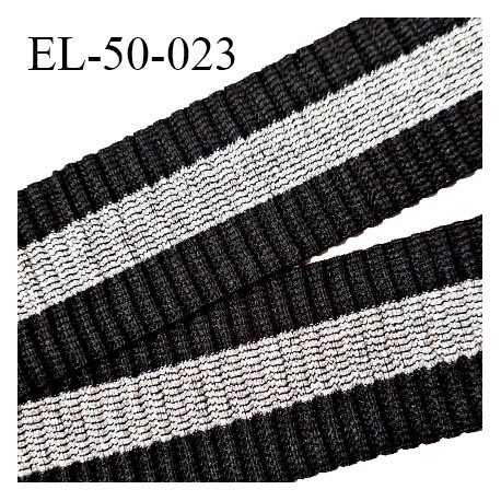 Elastique 50 mm style bord-côte couleur noir et lurex argenté au centre largeur 50 mm allongement +110% prix au mètre