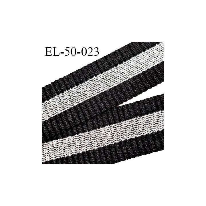 Elastique 50 mm style bord-côte couleur noir et lurex argenté au centre largeur 50 mm allongement +110% prix au mètre