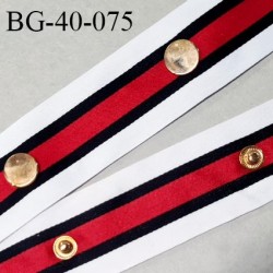 Galon ruban pression 40 mm couleur bleu blanc rouge avec boutons pressions couleur or espacés de 8.5 cm prix au mètre
