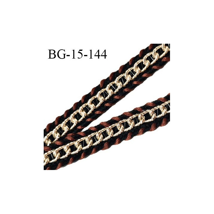 Galon chainette couleur doré sur coton tressé couleur noir et marron largeur 15 mm prix au mètre