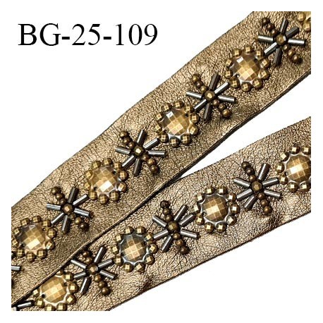 Galon ruban 25 mm en simili cuir couleur mordoré avec décor de perles largeur 25 mm prix au mètre