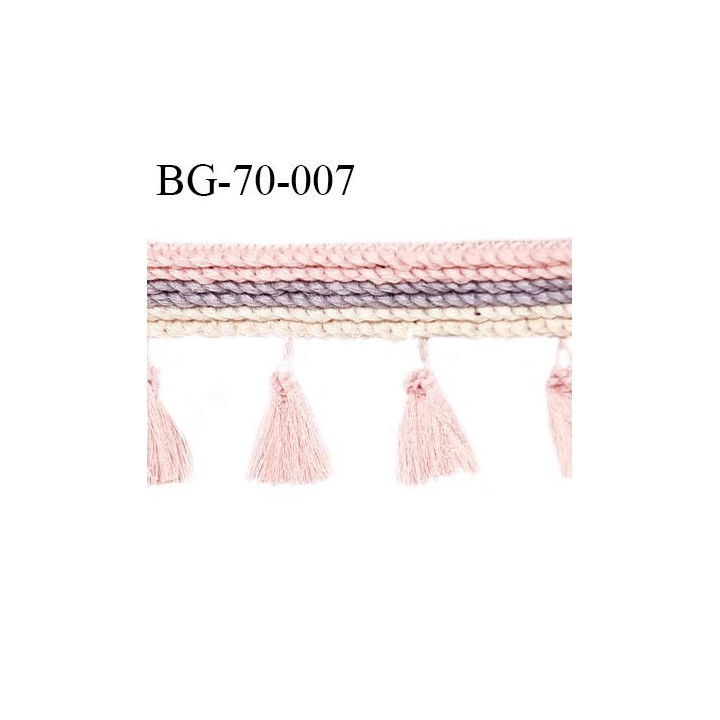 Galon ruban 70 mm couleur rose pastel naturel et gris largeur de la bande 30 mm + 40 mm de franges prix au mètre