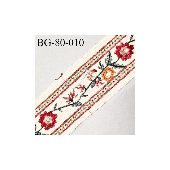 Galon ruban 75 mm couleur beige avec broderies rouge orange vert et doré largeur 75 mm prix au mètre