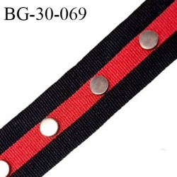 Galon ruban 30 mm petit grain couleur rouge et noir avec un rivet couleur chrome tous les 3 cm prix au mètre