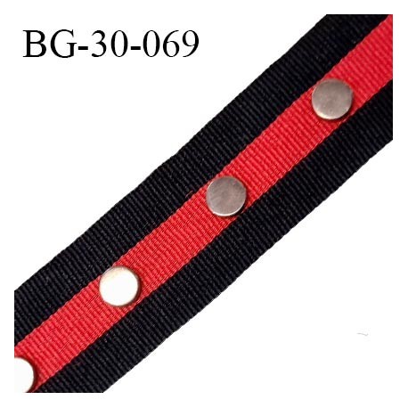 Galon ruban 30 mm petit grain couleur rouge et noir avec un rivet couleur chrome tous les 3 cm prix au mètre