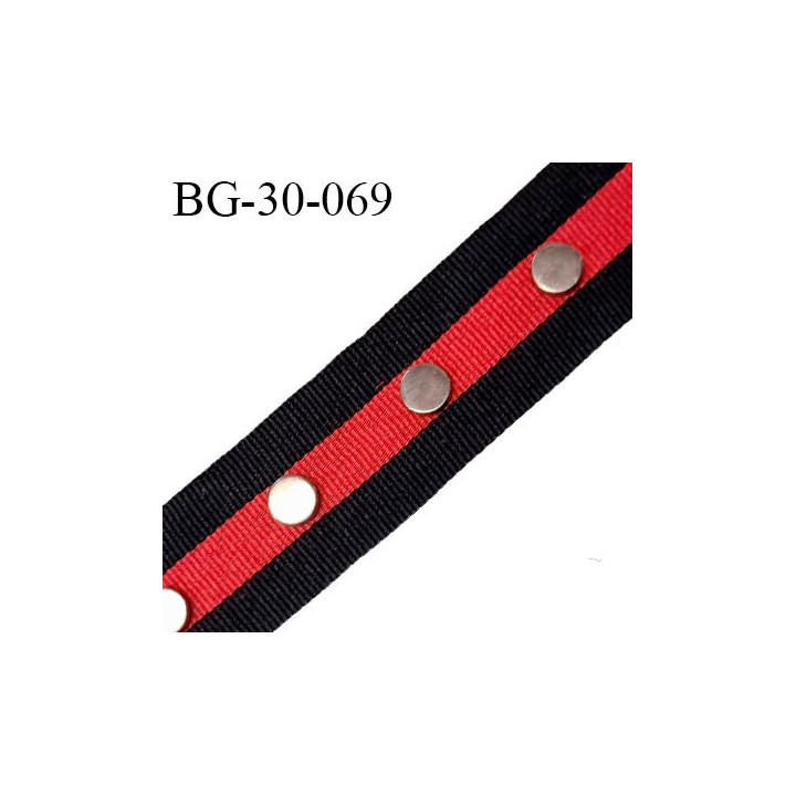 Galon ruban 30 mm petit grain couleur rouge et noir avec un rivet couleur chrome tous les 3 cm prix au mètre