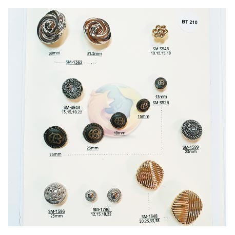 Plaque de 15 boutons couleur or argent et bronze diamètre 12 mm à 38 mm prix pour la plaque entière