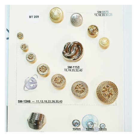 Plaque de 16 boutons couleur or et argent diamètre 11 mm à 40 mm pour création unique prix pour la plaque entière