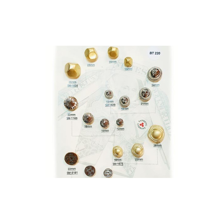 Plaque de 18 boutons couleur doré et argent diamètre 12 mm à 28 mm prix pour la plaque entière