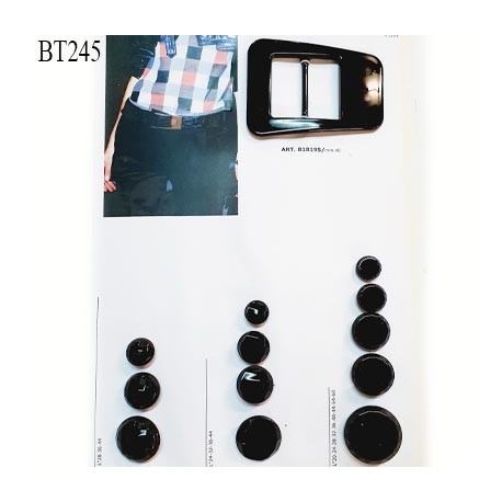 Plaque de 12 boutons et une boucle couleur noir brillant diamètre 15 à 35 mm pour création unique prix pour la plaque entière