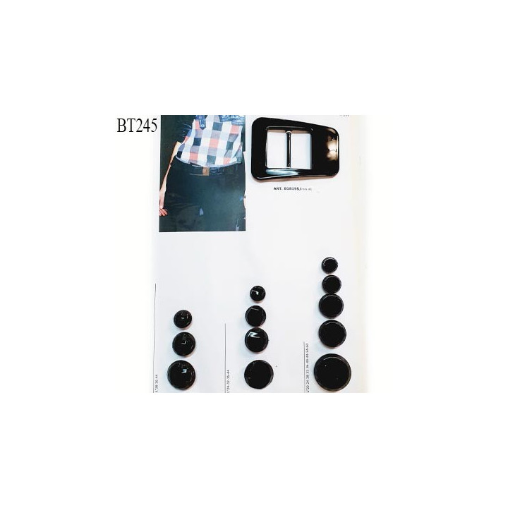 Plaque de 12 boutons et une boucle couleur noir brillant diamètre 15 à 35 mm pour création unique prix pour la plaque entière