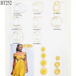 Plaque de 7 boutons couleur jaune et 8 boucles couleur jaune en transparence pour création unique prix pour la plaque entière