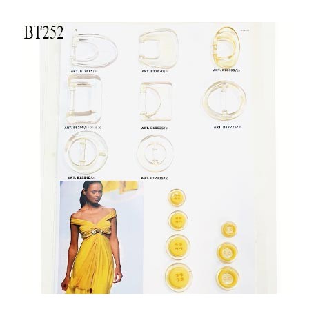 Plaque de 7 boutons couleur jaune et 8 boucles couleur jaune en transparence pour création unique prix pour la plaque entière