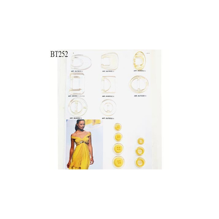 Plaque de 7 boutons couleur jaune et 8 boucles couleur jaune en transparence pour création unique prix pour la plaque entière