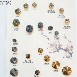 Plaque de 21 boutons couleur argent et doré diamètre 12 à 27 mm pour création unique prix pour la plaque entière