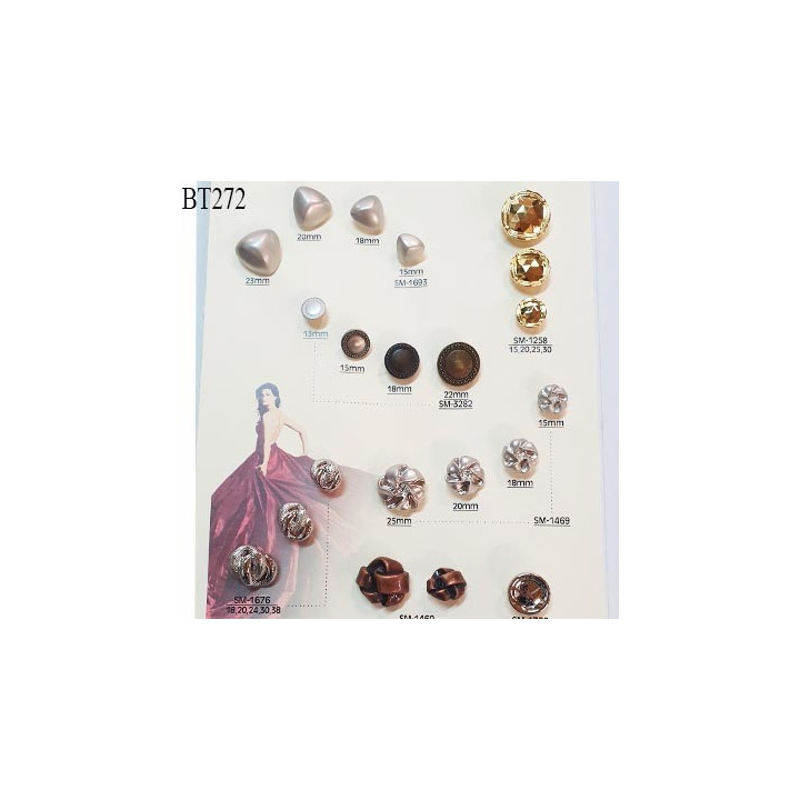 Plaque de 21 boutons couleur argent doré et bronze diamètre 13 à 27 mm pour création unique prix pour la plaque entière