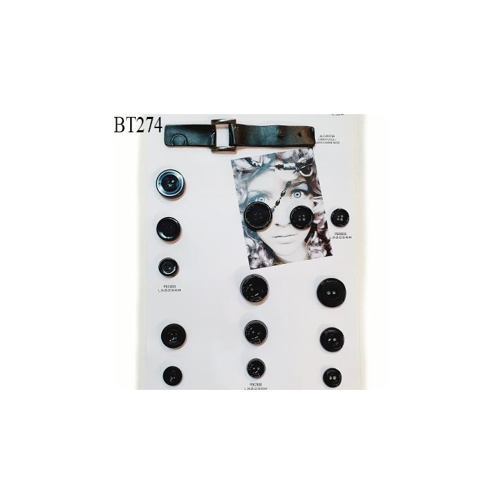 Plaque de 14 boutons pvc couleur noir diamètre 18 à 28 mm et une attache simili cuir couleur noir prix pour la plaque entière