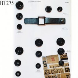 Plaque de 14 boutons pvc couleur noir l diamètre 18 à 28 mm et une attache simili cuir prix pour la plaque entière