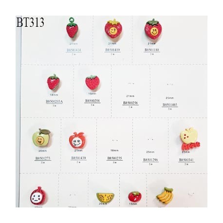 Plaque de 12 boutons ENFANT thème fruits diamètre de 15 à 25 mm pour création unique prix pour la plaque entière