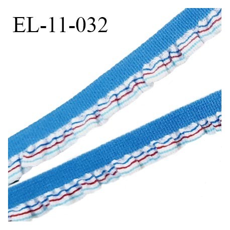 Elastique froufrou 11 mm couleur bleu avec froufrou blanc rayé largeur de l'élastique 6 mm + 5 mm de froufrou prix au mètre
