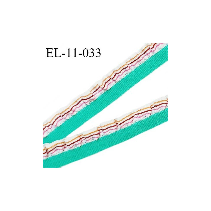 Elastique froufrou 11 mm couleur vert avec froufrou blanc rayé largeur de l'élastique 6 mm + 5 mm de froufrou prix au mètre