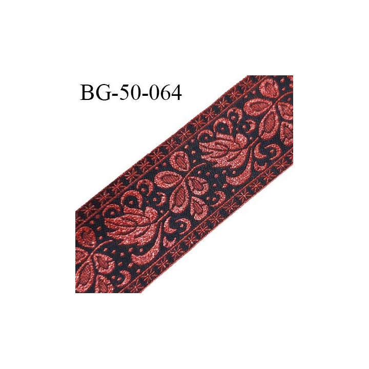 Galon ruban 50 mm couleur noir avec motifs rouge brillant très beau largeur 50 mm prix au mètre
