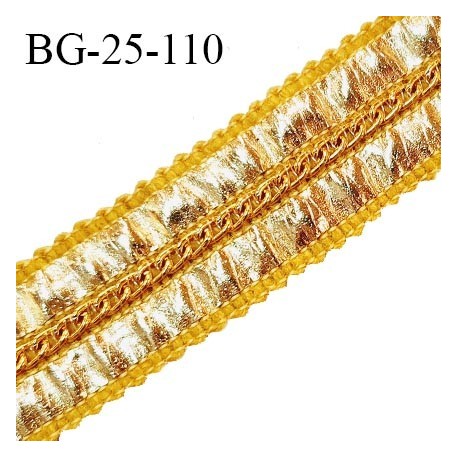 Galon ruban 25 mm simili cuir doré et chaînette doré sur laine couleur moutarde largeur 25 mm prix au mètre